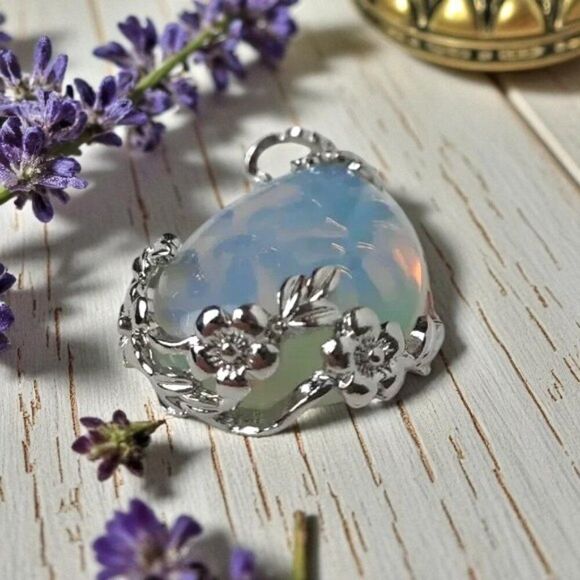 Opalite Pendant With Silver Floral Filigree Setting - Picture 5 of 7